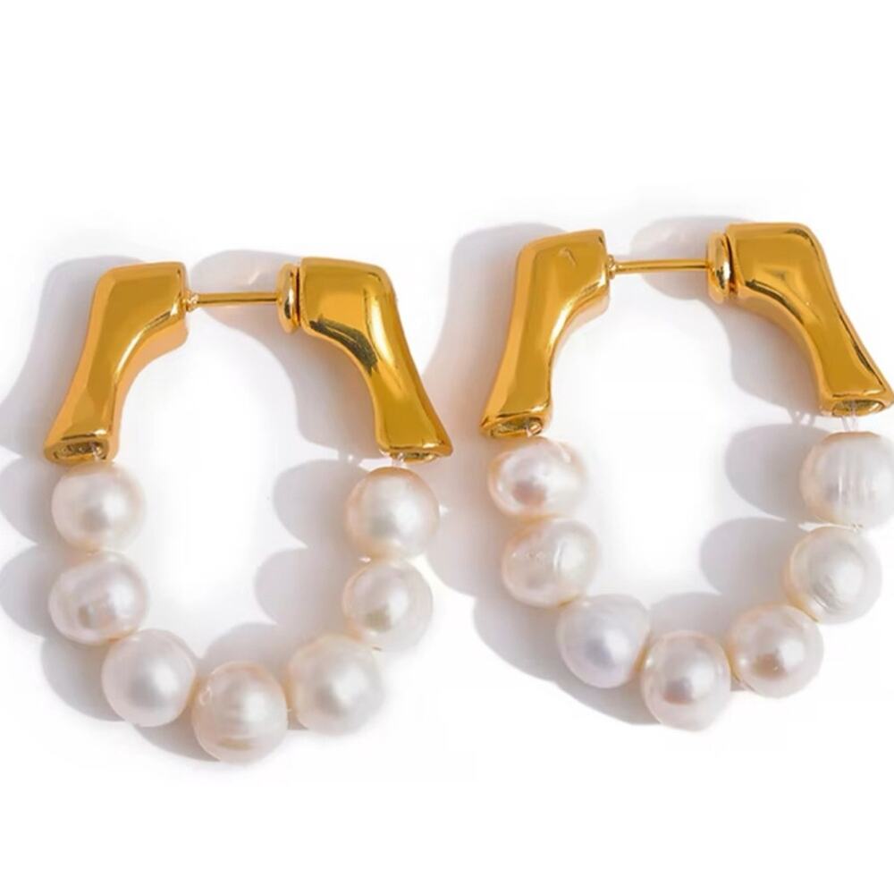 Freshwater Pearl Hoop Earring Gold plated Stainless Steel Preppy Classic Jewelry